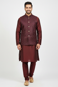 Men's Wine Maroon 3-Piece Kurta Pyjama Set with brocade waistcoat