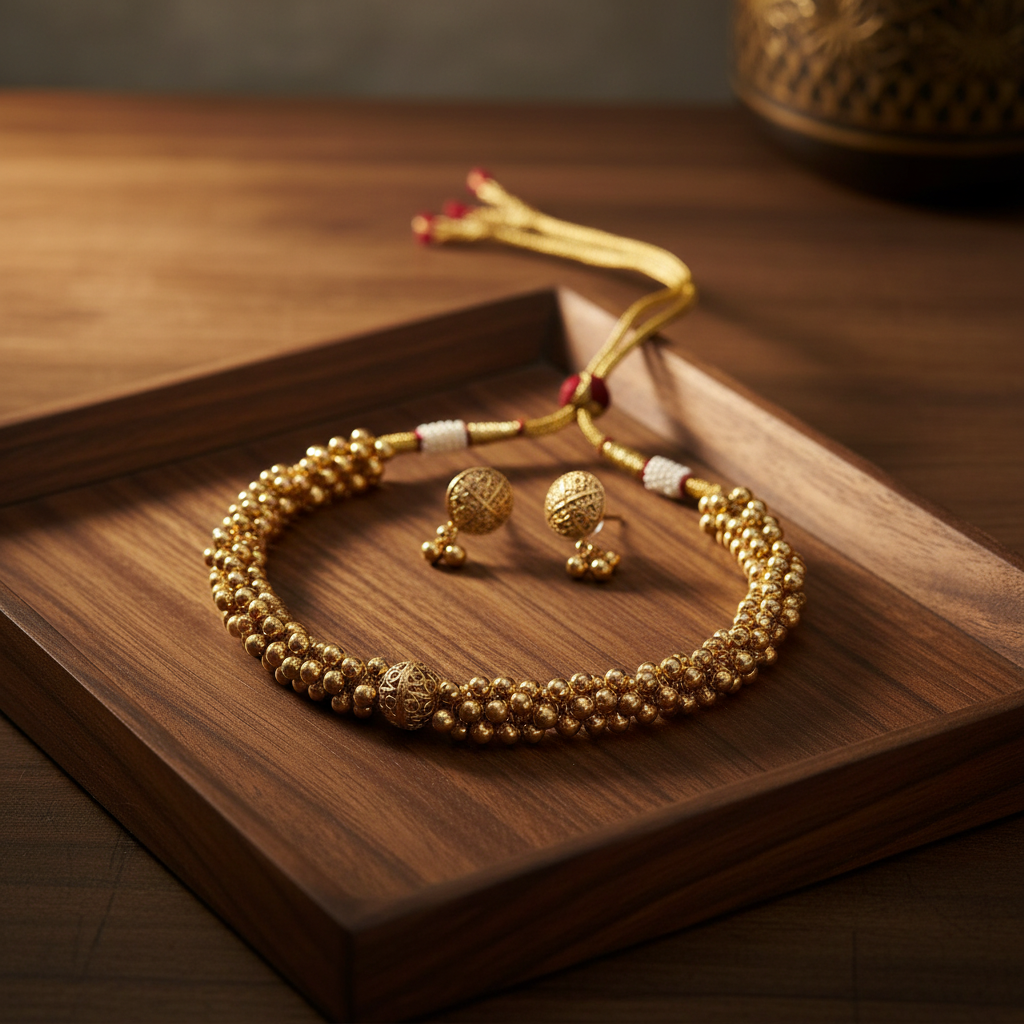 Gold ball ghungroo choker on wooden tray