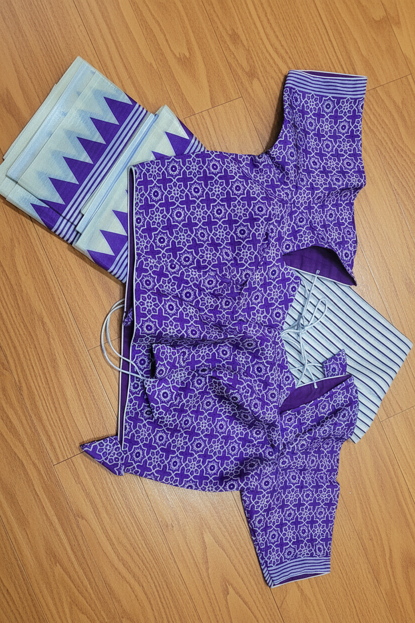 Purple crepe saree flat lay on wood background