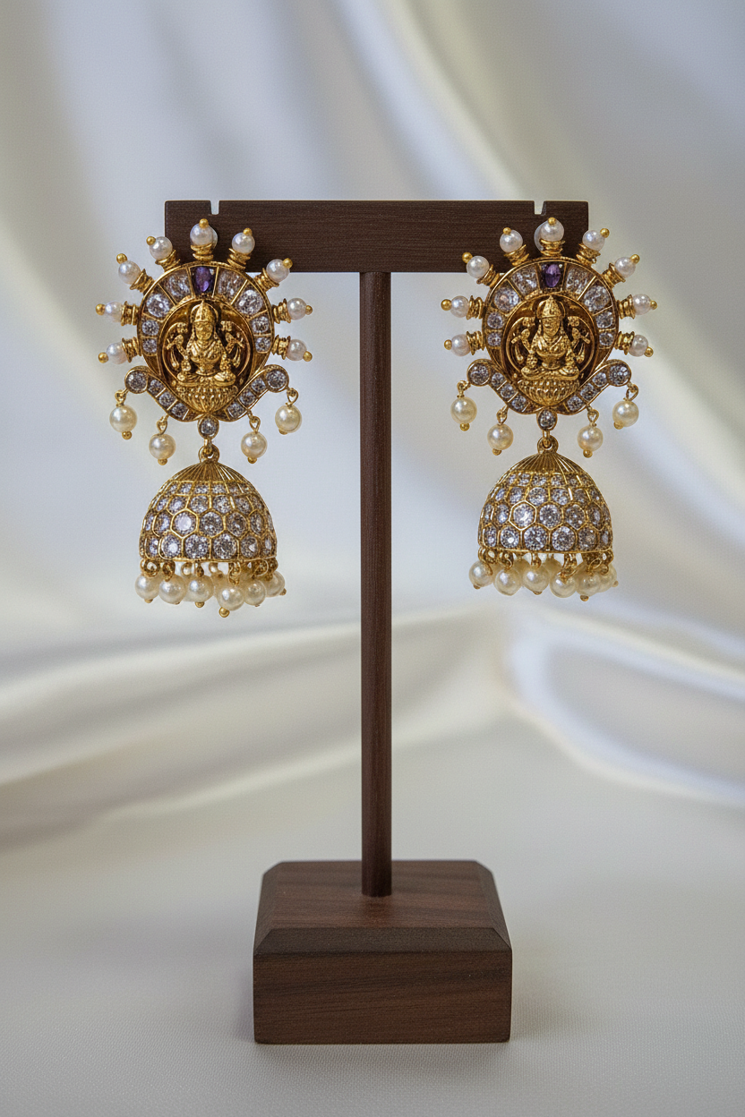 Gold Temple Lakshmi Sunburst Jhumka - dark brown stand