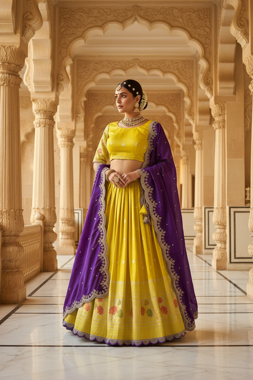 Yellow Viscose Tissue Lehenga Set - editorial model shot