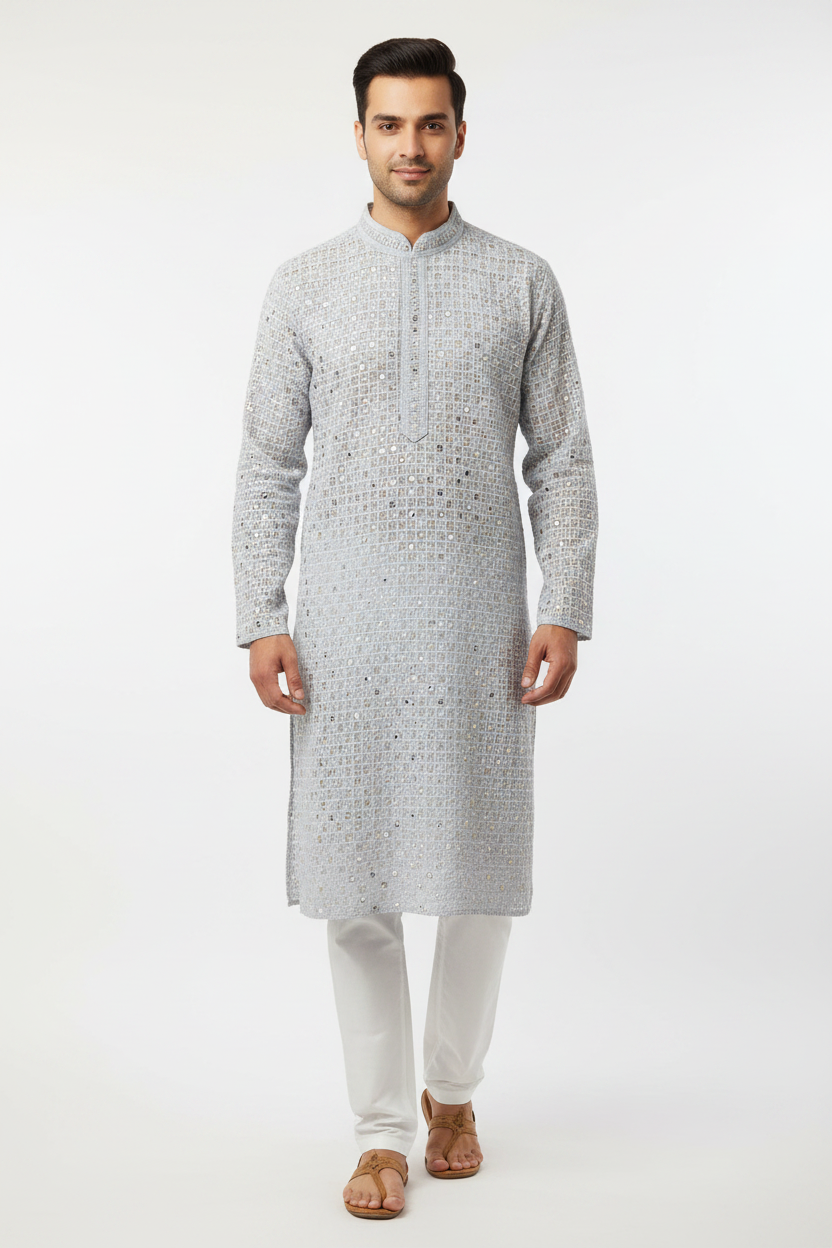 Men's Grey XO Chikankari Kurta Pyjama Set