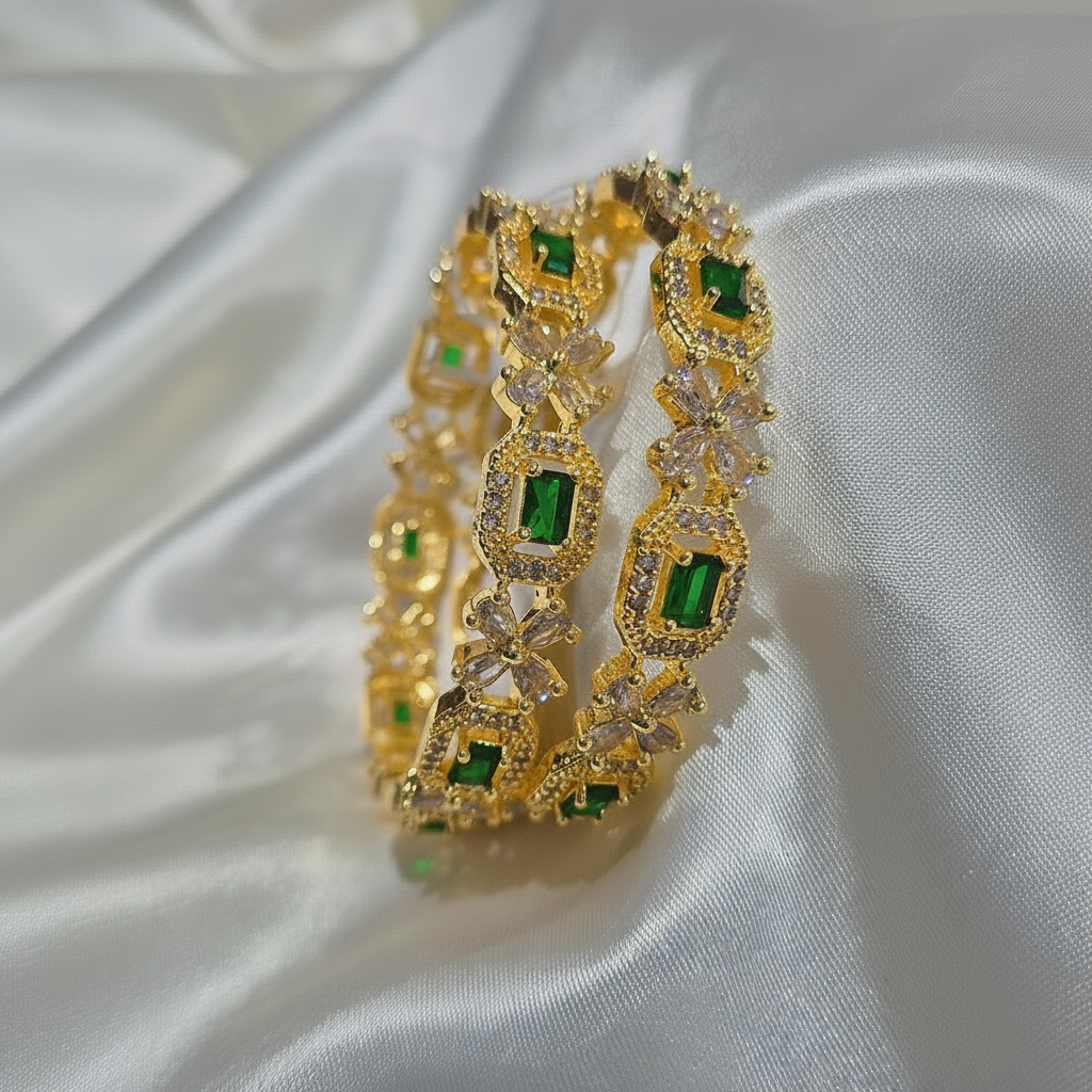 CZ Stone Bangle Set Green - 1:1 white satin