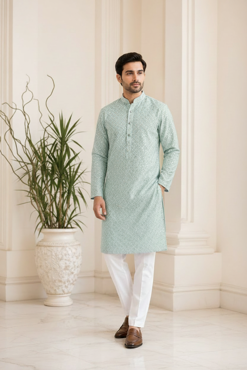 Premium Men's Kurta Mint Green - model shot