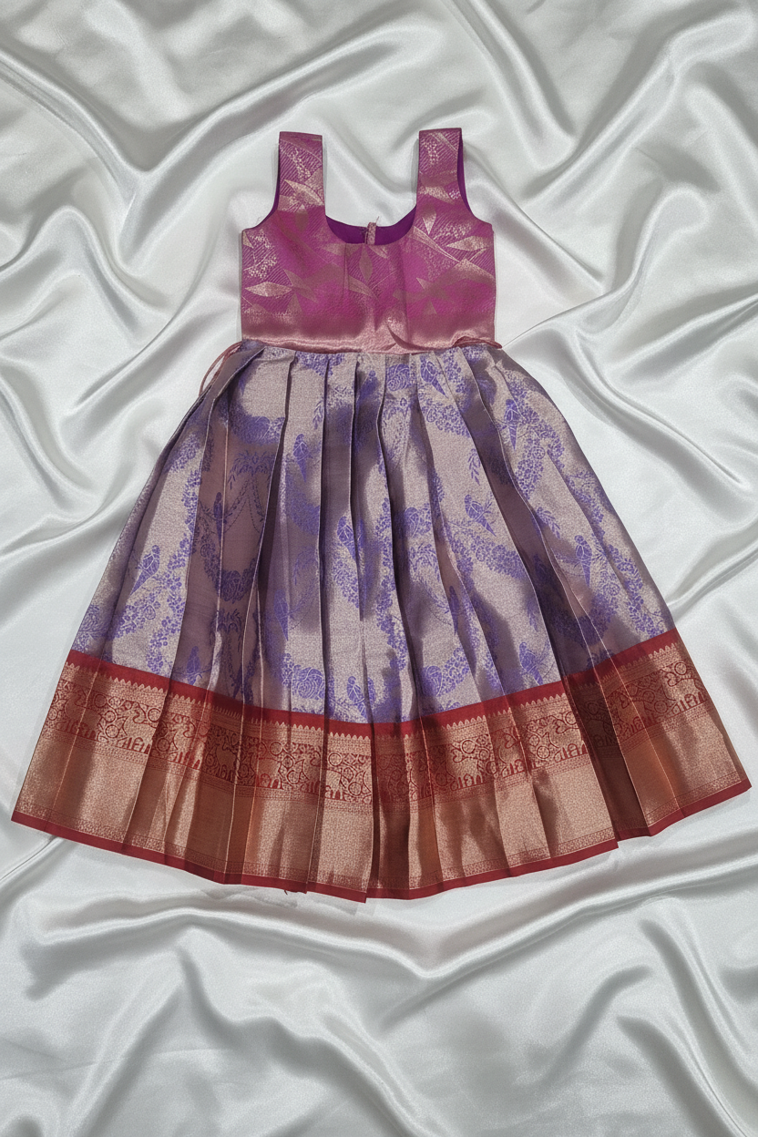 Purple Lavender Pattu Pavadai on white satin