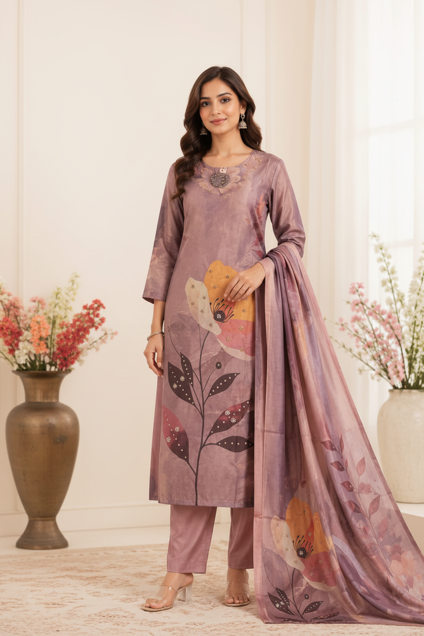 Floral Printed Suit Set Mauve - model shot