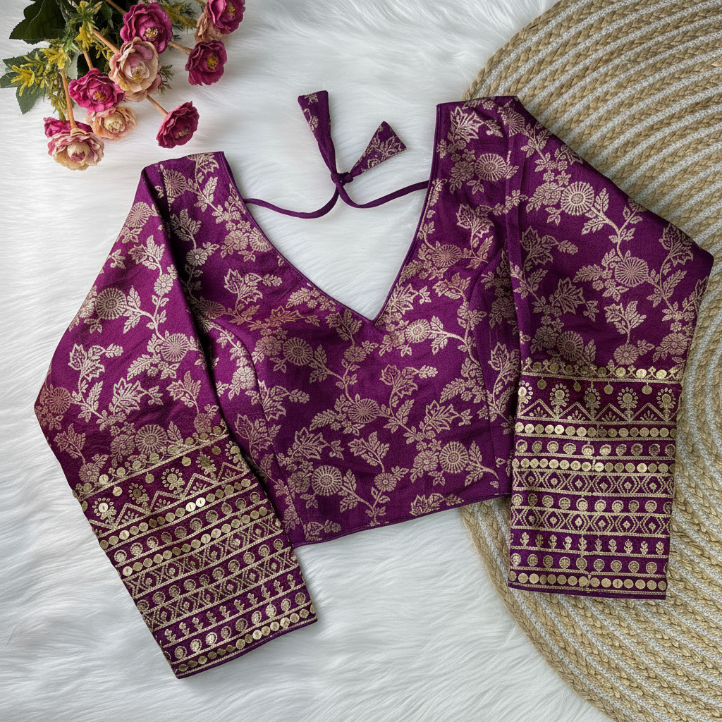 Banarasi Georgette Blouse - Purple flat lay