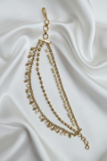 Gold Floral Pearl Drop Ear Chain on White Satin