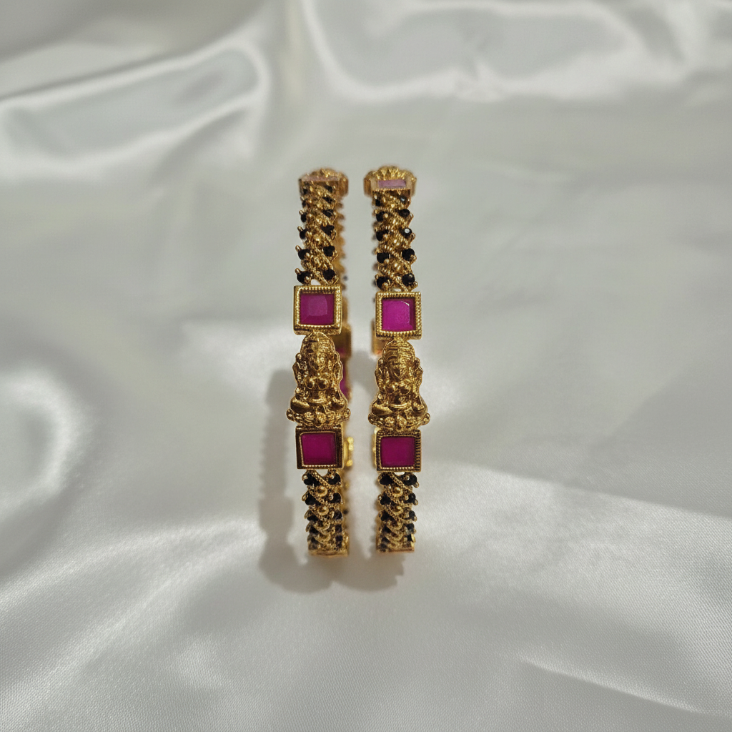 Temple Lakshmi Bangle Set Pink - 1:1 white satin