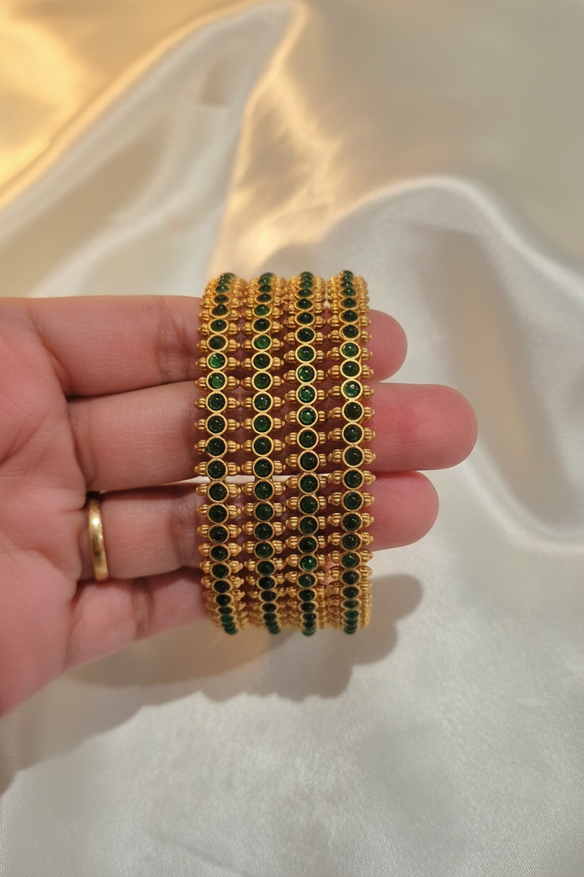 Temple Jewellery Green Bangle Set - Enhanced product shot on cream fabric