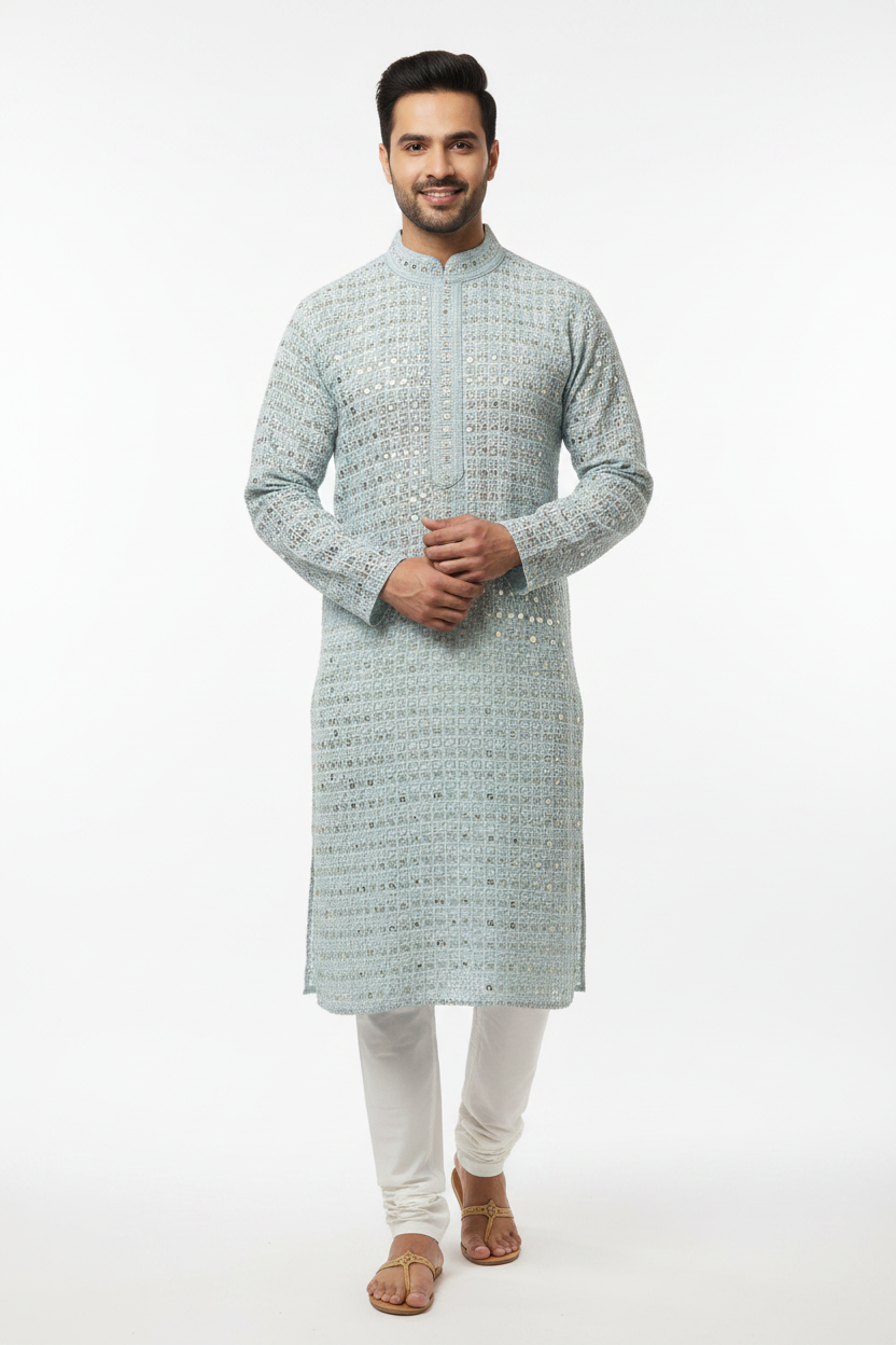 Men's Ice Blue XO Chikankari Kurta Pyjama Set