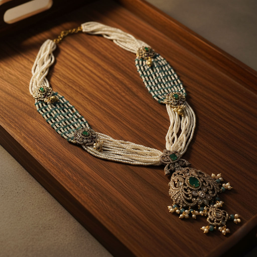 White pearl teal necklace on wooden tray