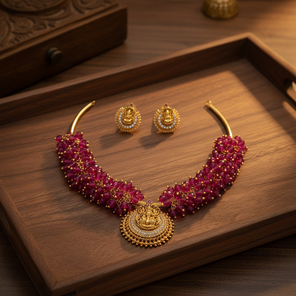 Ruby Red Lakshmi Temple Choker Set with Earrings