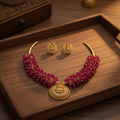 Ruby Red Lakshmi Temple Choker Set with Earrings