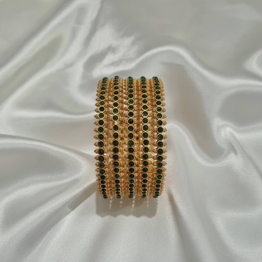 Temple Jewellery Bangle Set Green - Enhanced product shot on white satin