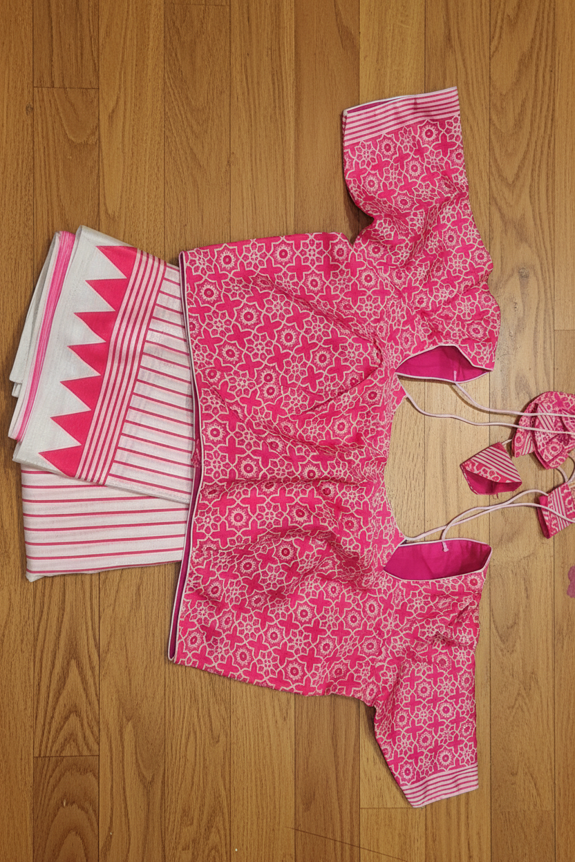Pink crepe saree flat lay on wood background
