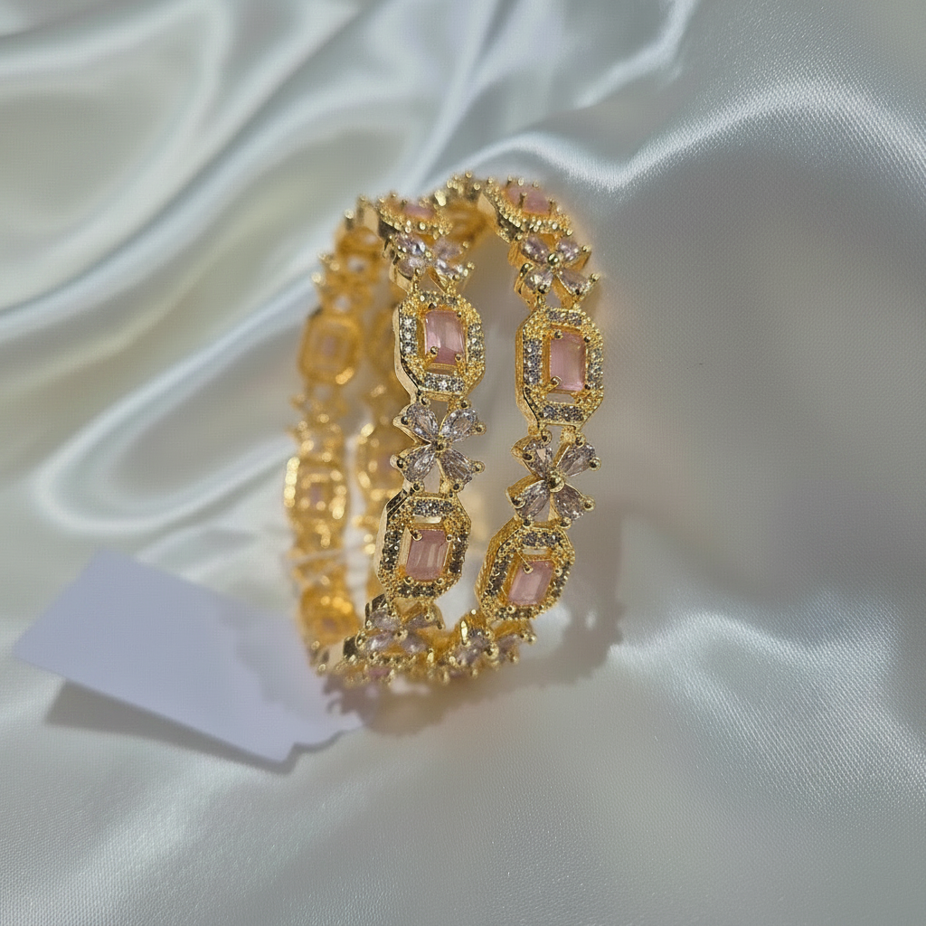 CZ Stone Bangle Set Baby Pink - 1:1 white satin