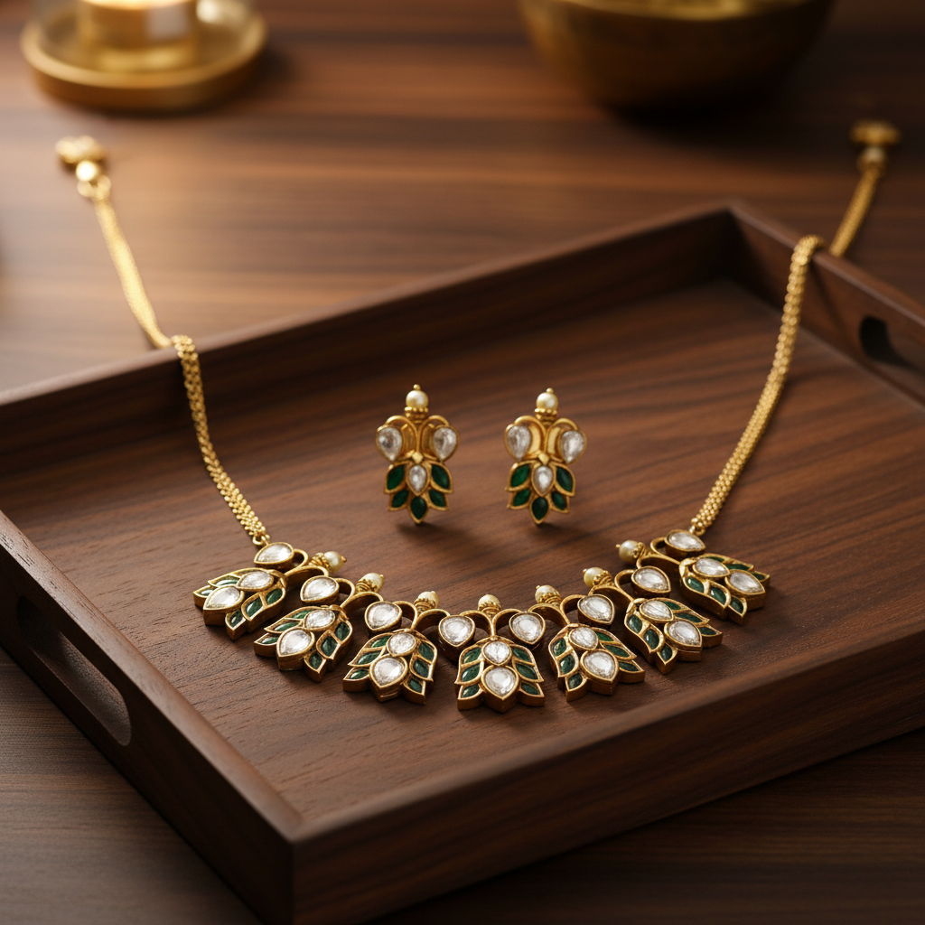 Gold kundan necklace set on wooden tray