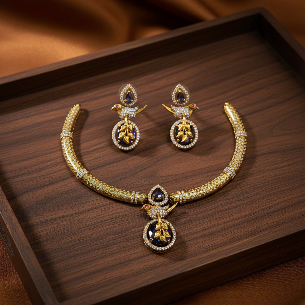 Blue sapphire bird choker on wooden tray