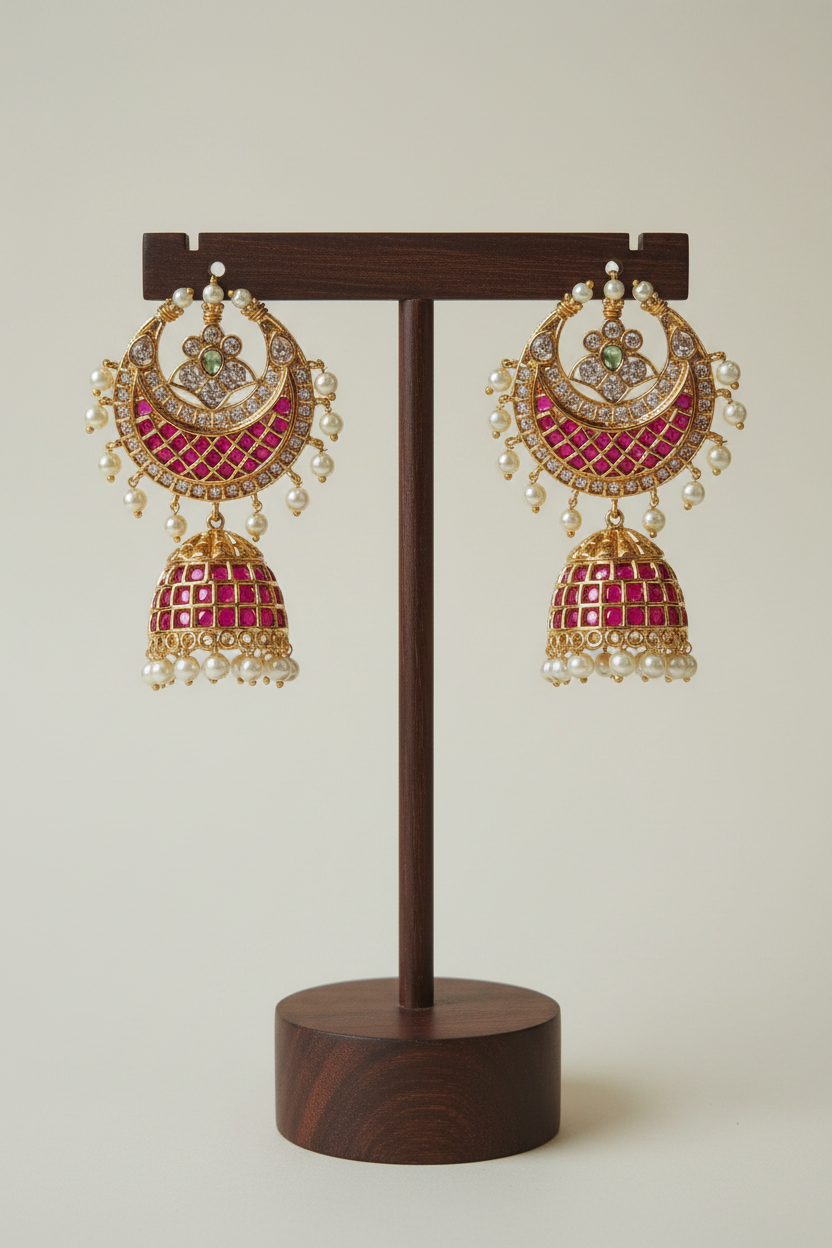 Gold Kemp Chandbali Jhumka - dark brown stand