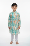 Boys Teal Wavy Stripe Digital Print Kurta Pyjama Set