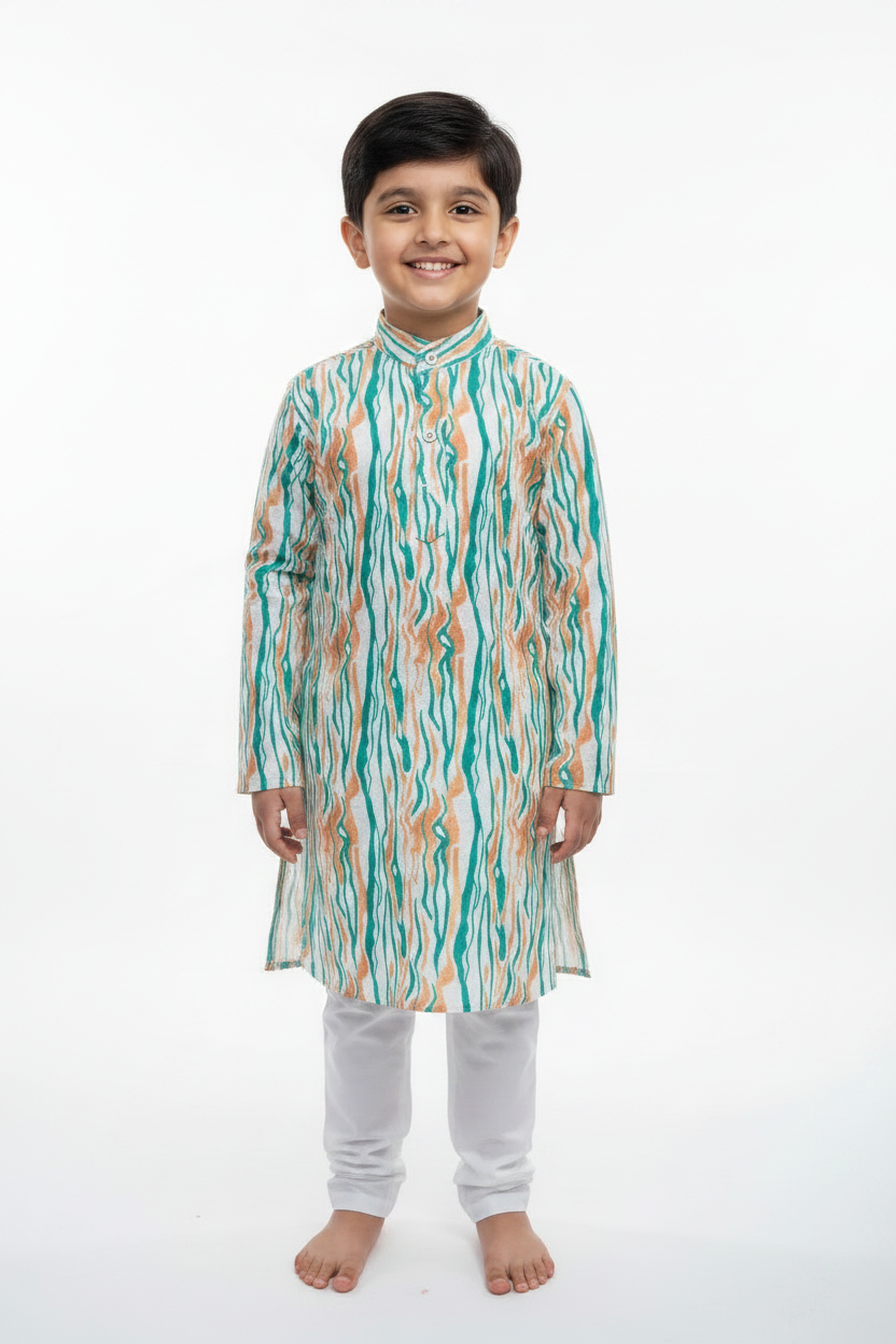 Boys Teal Wavy Stripe Digital Print Kurta Pyjama Set