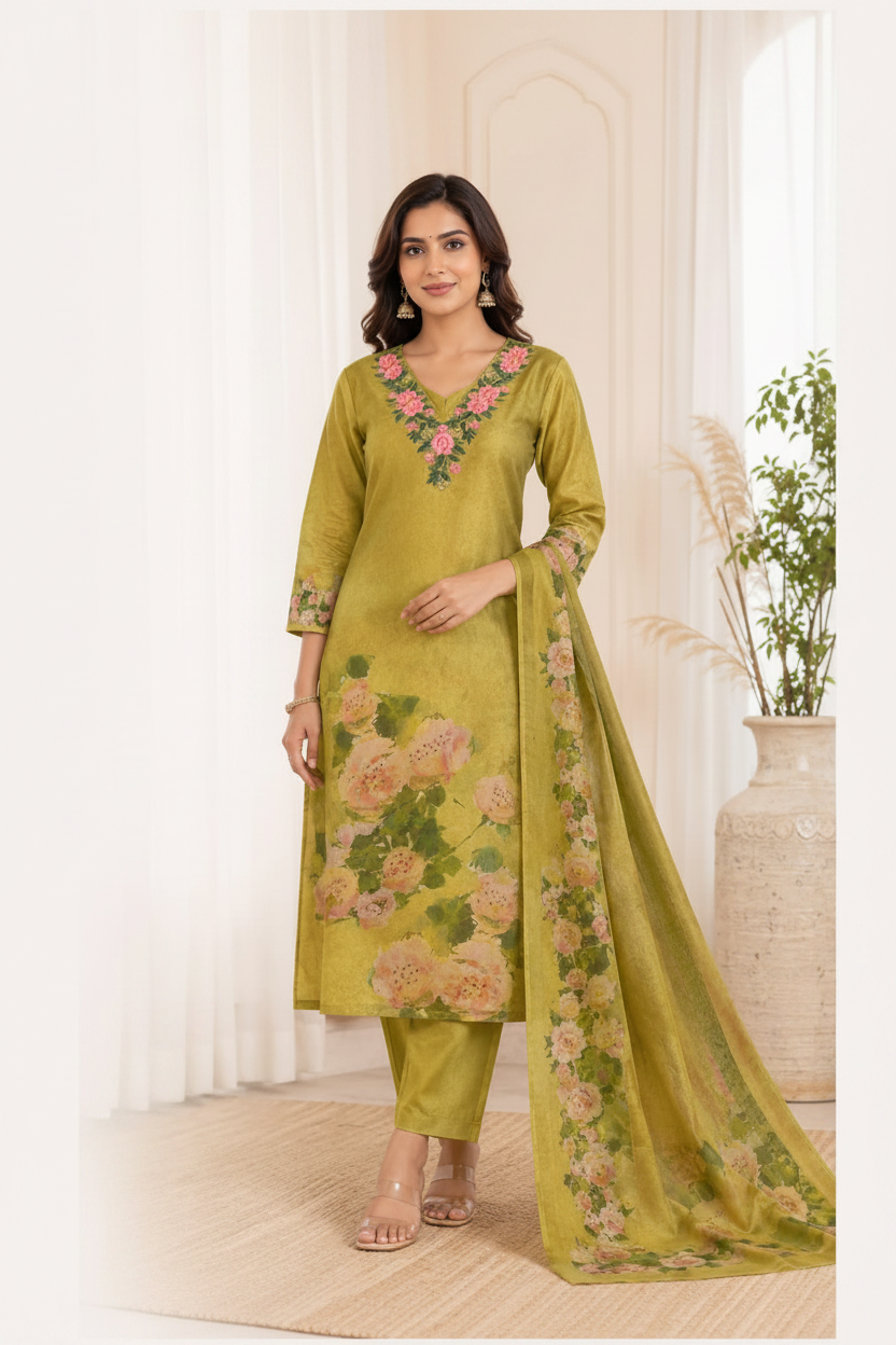 Floral Embroidered Suit Set Olive Green - model shot