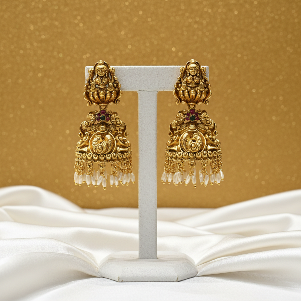 Lakshmi Temple Jhumka Earrings - Display