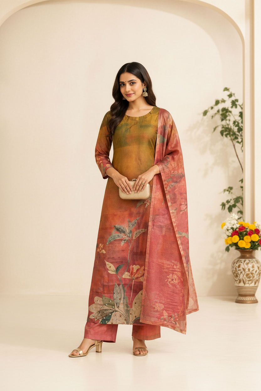 Floral Printed Suit Set Olive Mustard - model shot