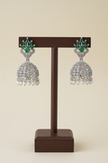 Silver Emerald Green CZ Jhumka - dark brown stand
