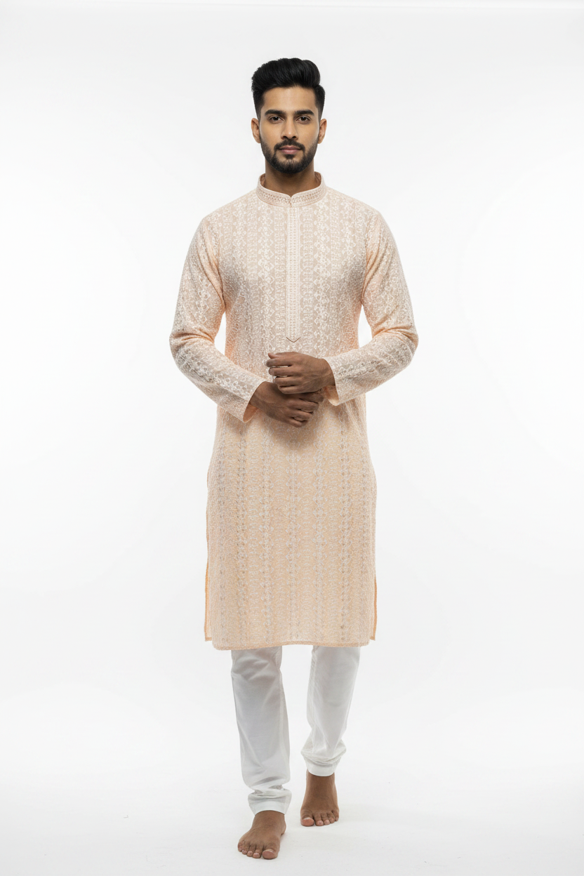 Men's peach chikankari kurta with white pant set