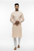 Men's peach chikankari kurta with white pant set