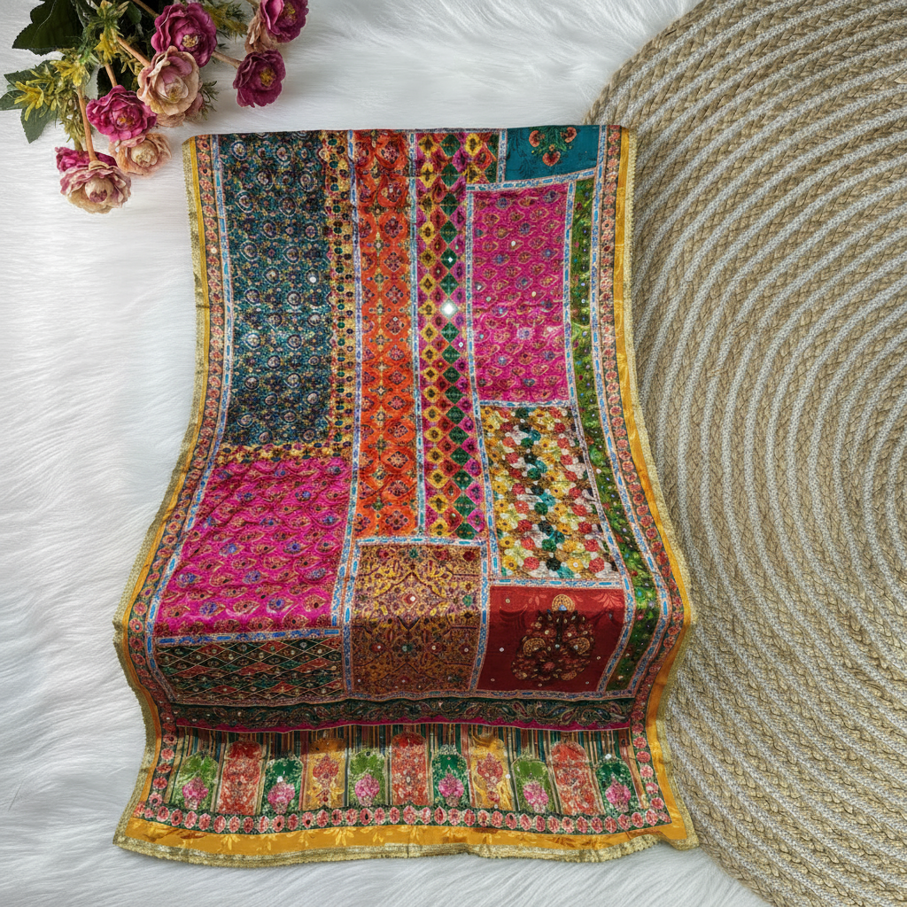 Silk Bandhani Lagdi Patta Dupatta - Multicolour Patchwork styled
