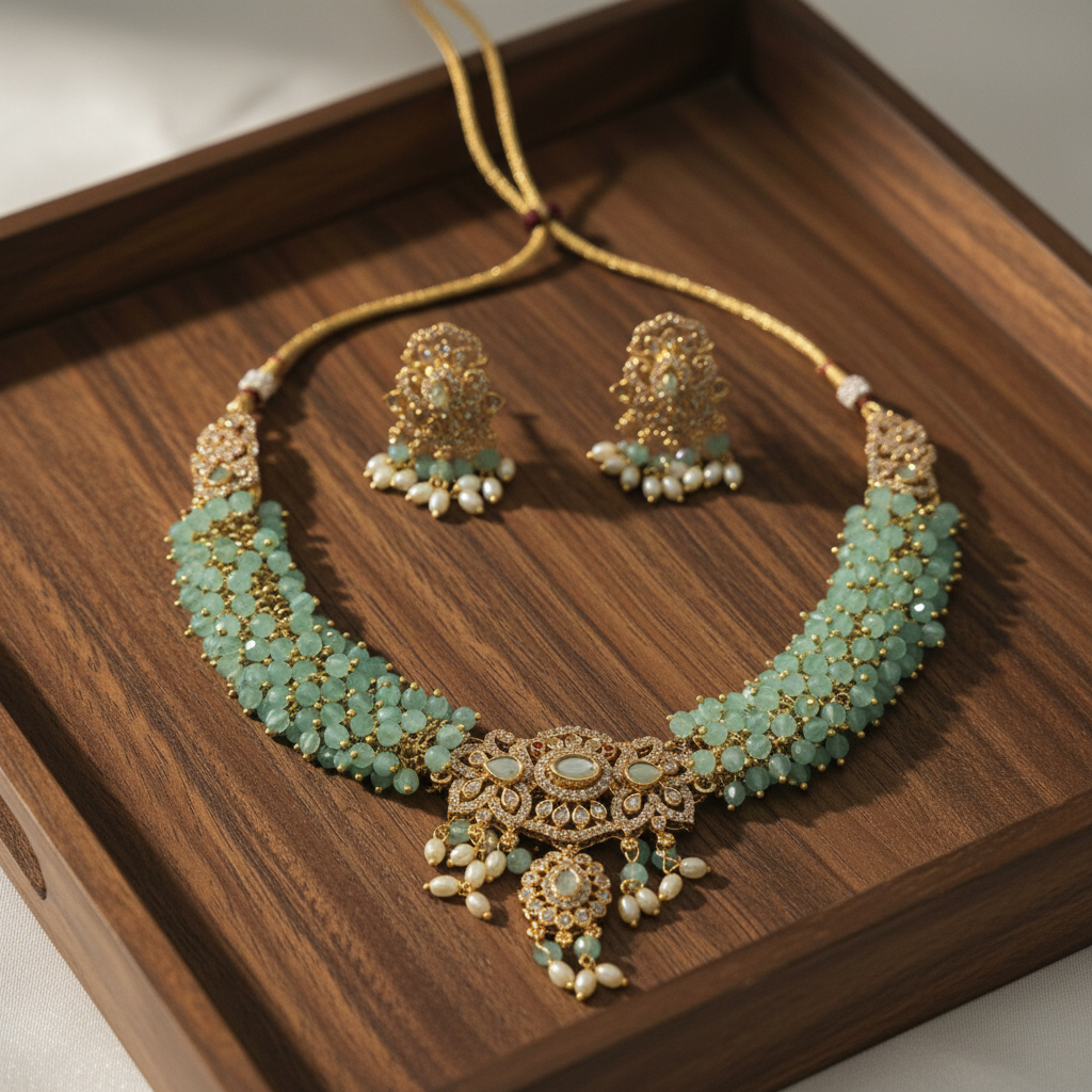 Mint green choker set on wooden tray