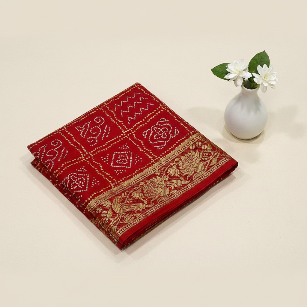 Red Bandhani Kanjivaram saree on cream background with flower vase