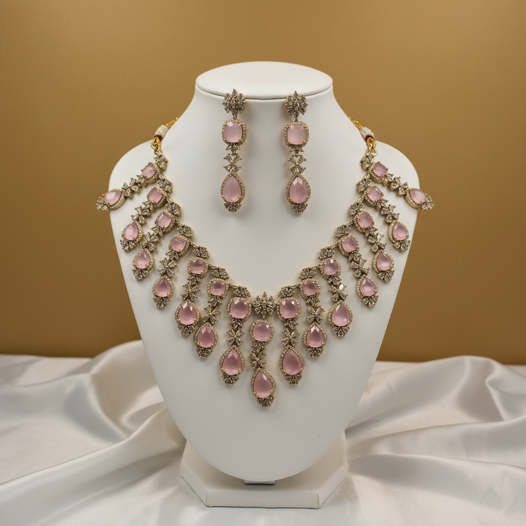 Pink Teardrop CZ Necklace Set - Display