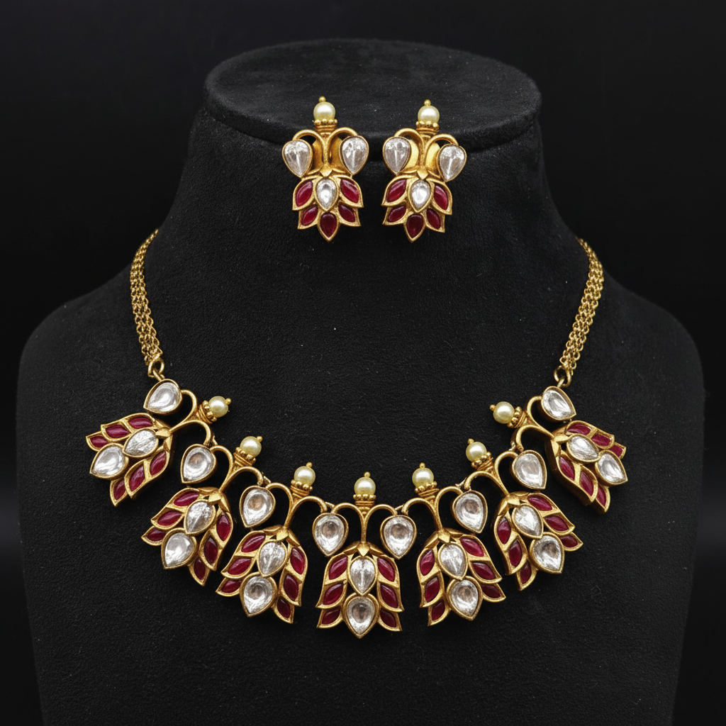 Gold kundan ruby red leaf necklace set on wooden tray