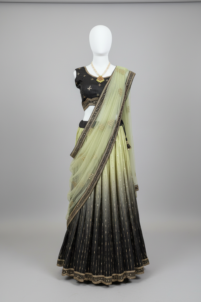 Black Sage Green Ombre Lehenga Choli - Clean Shot