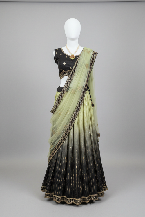 Black Sage Green Ombre Lehenga Choli - Clean Shot
