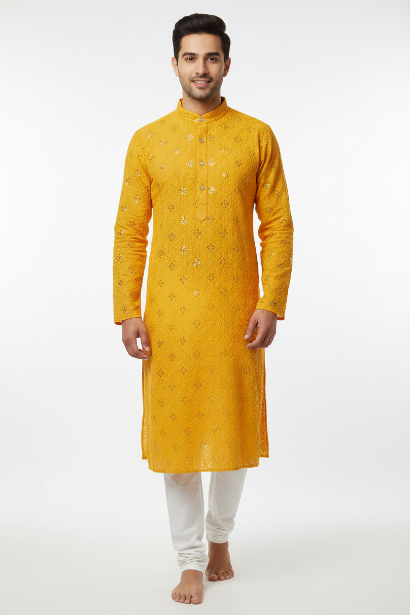 Men's Mustard Yellow Chikankari Kurta Pyjama Set