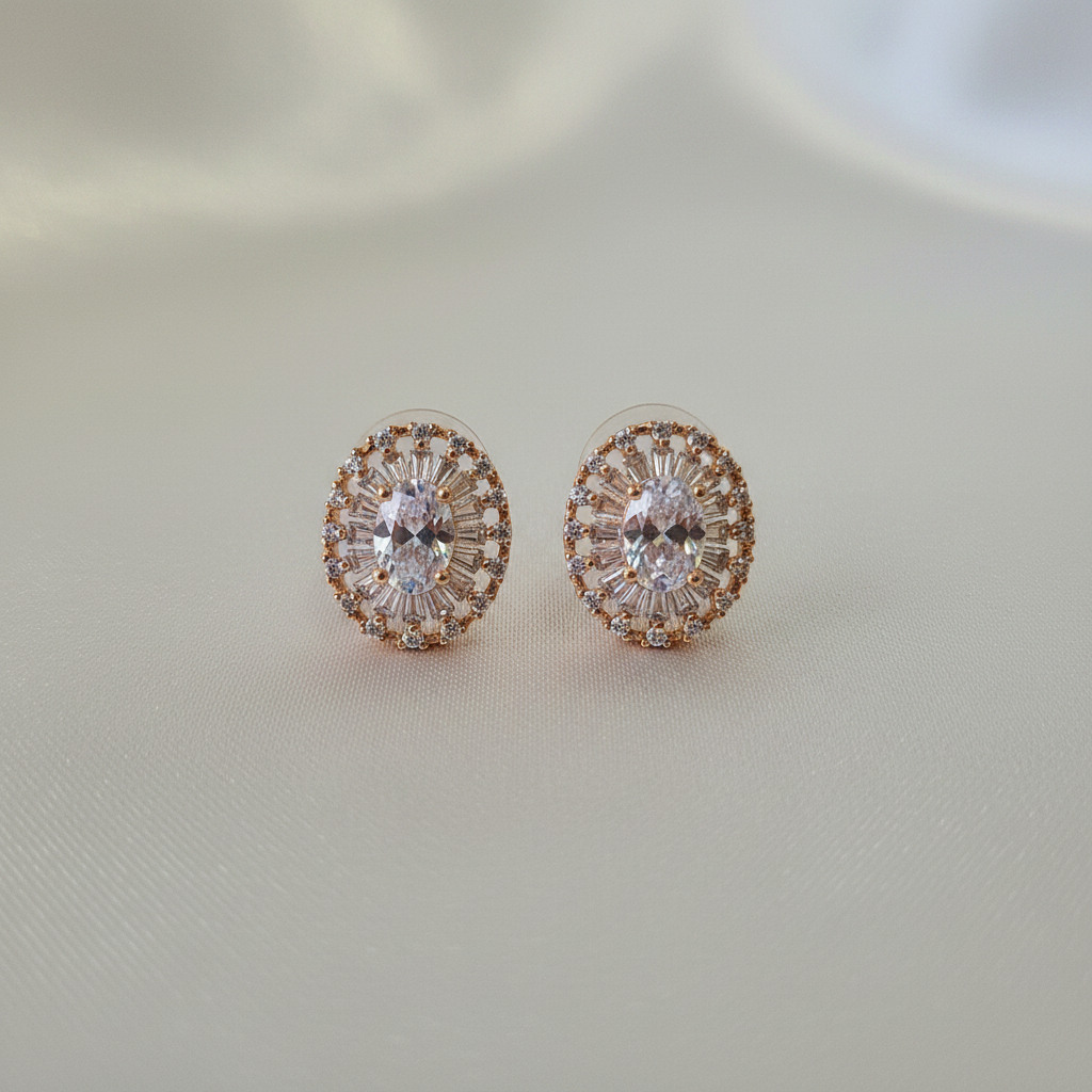Rose Gold Sunburst CZ Studs - cream flat lay