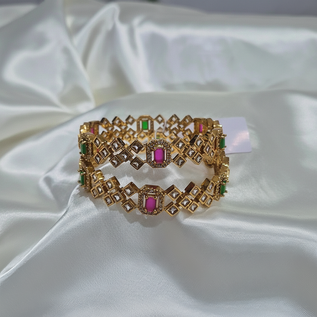 CZ Stone Bangle Set Pink Green - Enhanced product shot on white satin