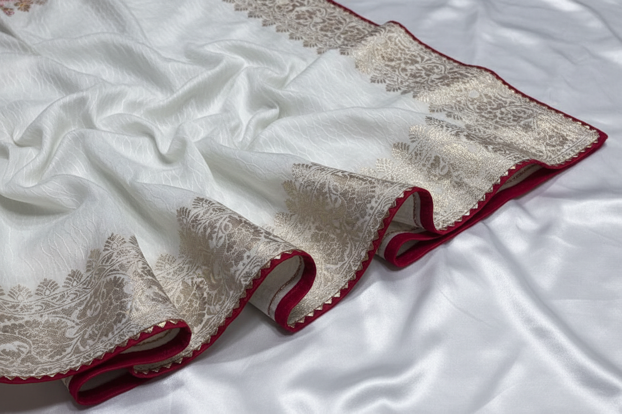 White saree silver zari border detail