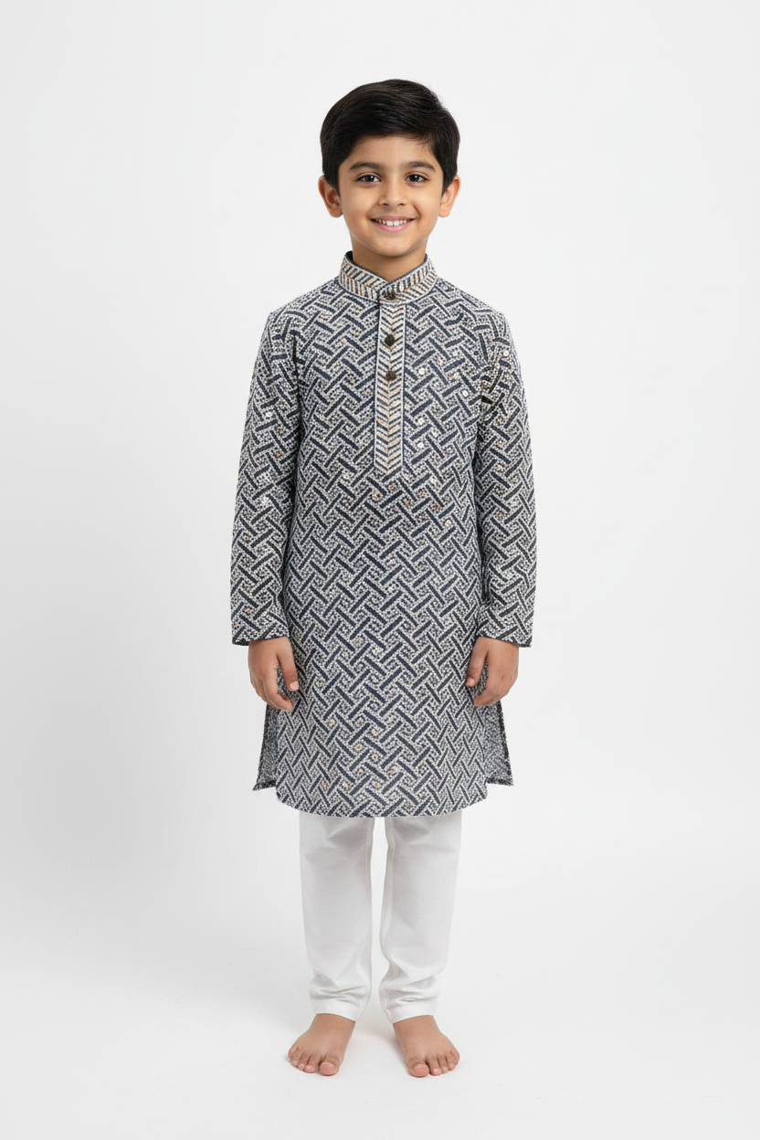 Boys Dark Grey Chikankari Kurta Pyjama Set