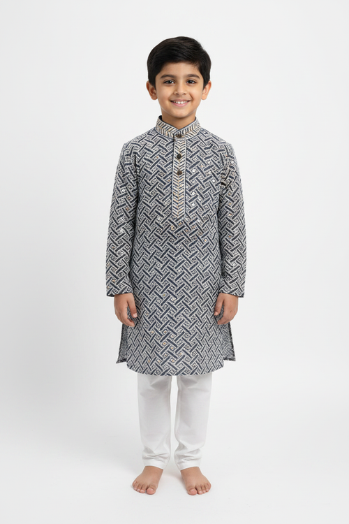 Boys Dark Grey Chikankari Kurta Pyjama Set