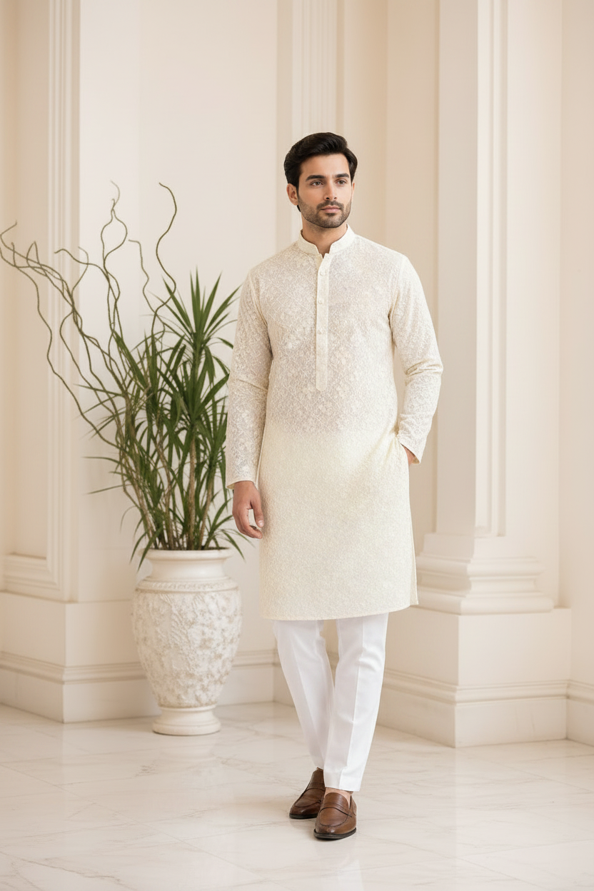 Premium Men's Kurta Cream - model shot