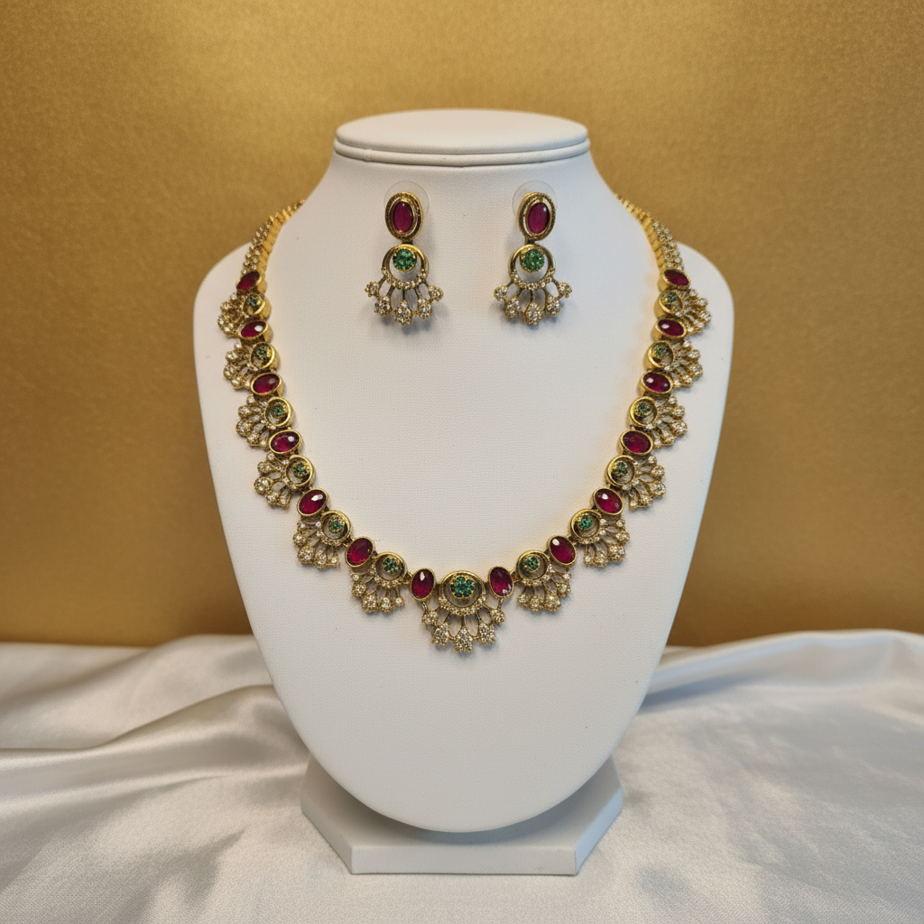 Ruby Emerald Polki Necklace Set - Display