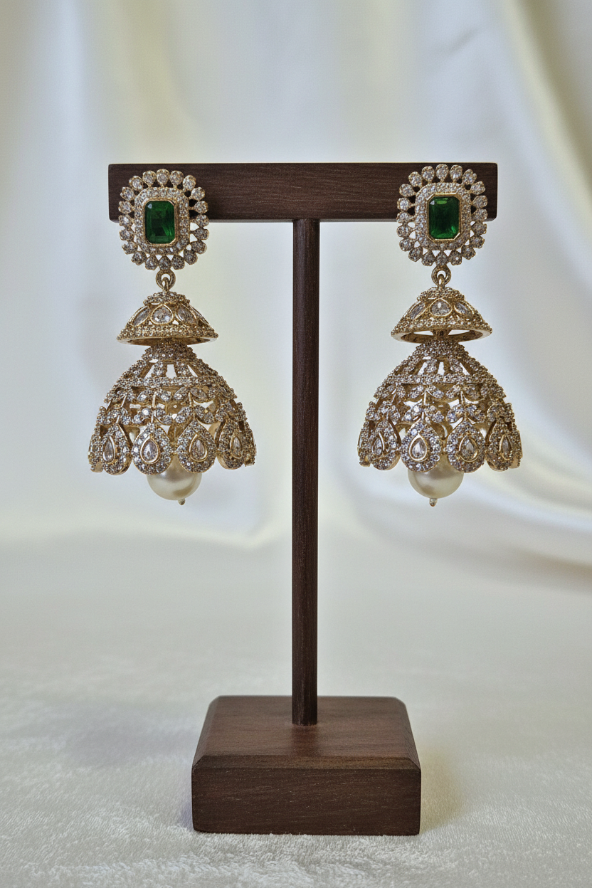 Gold Emerald Filigree Jhumka - dark brown stand