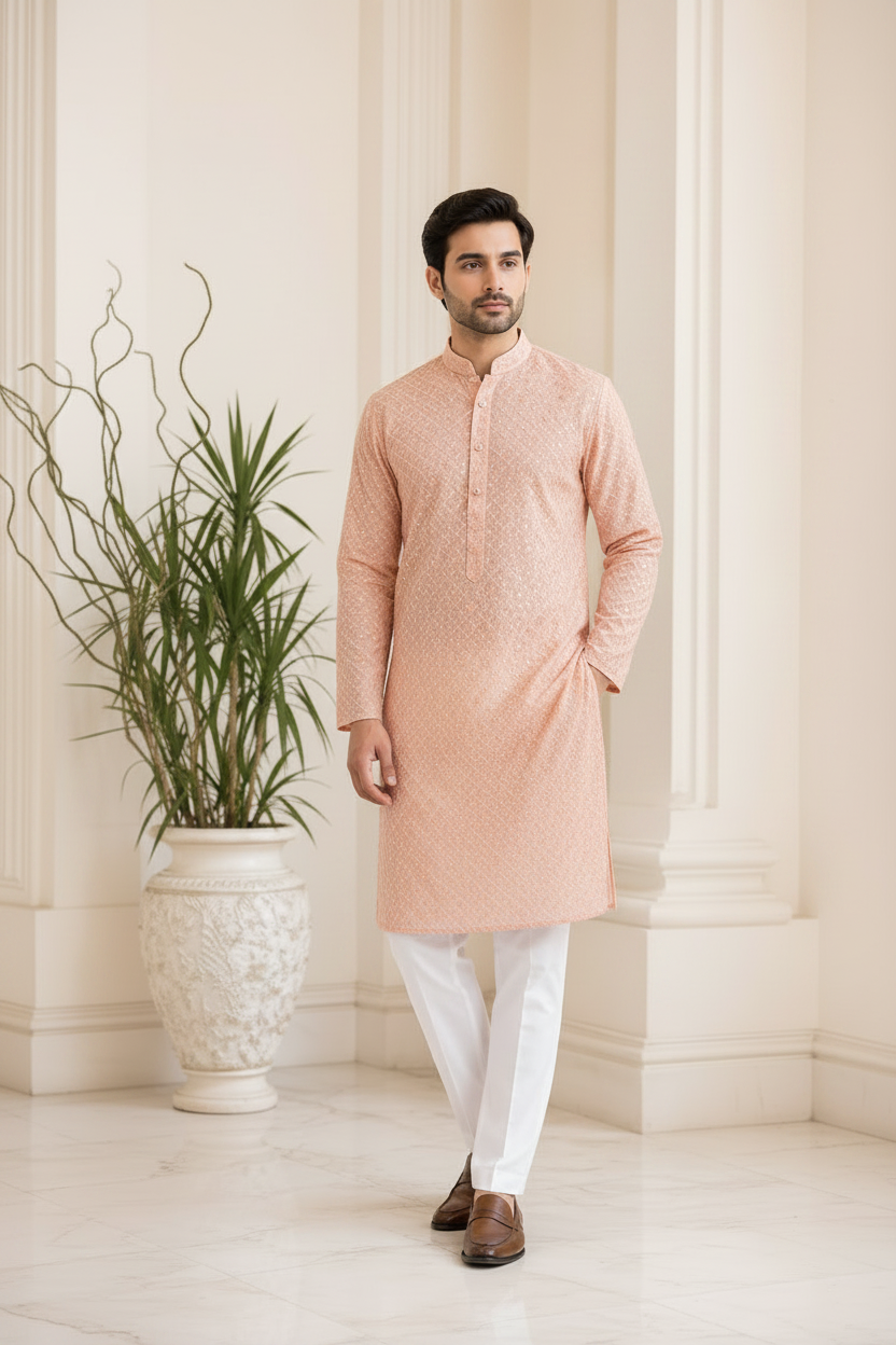 Premium Men's Kurta Peach - model shot
