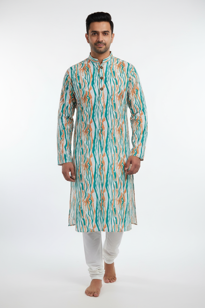 Men's Teal Orange Wave Digital Print Kurta Pyjama Set